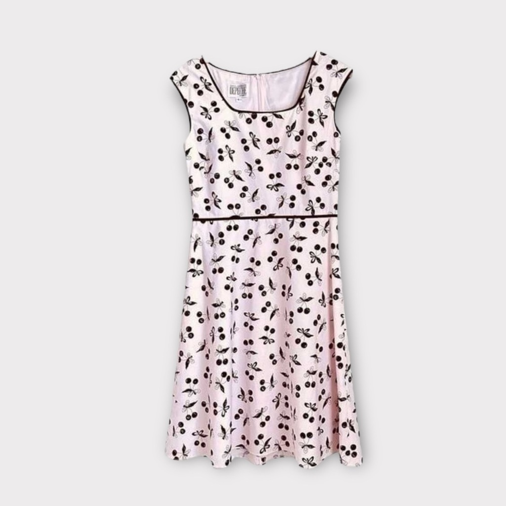 VTG Y2K Yves Cossette Pink & Black Cherry Print Dress Sz 12 Retro A-Line